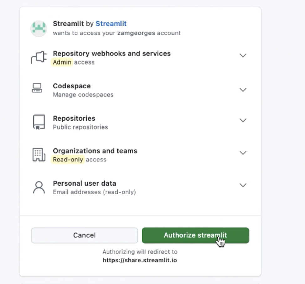 Authorize Streamlit on GitHub